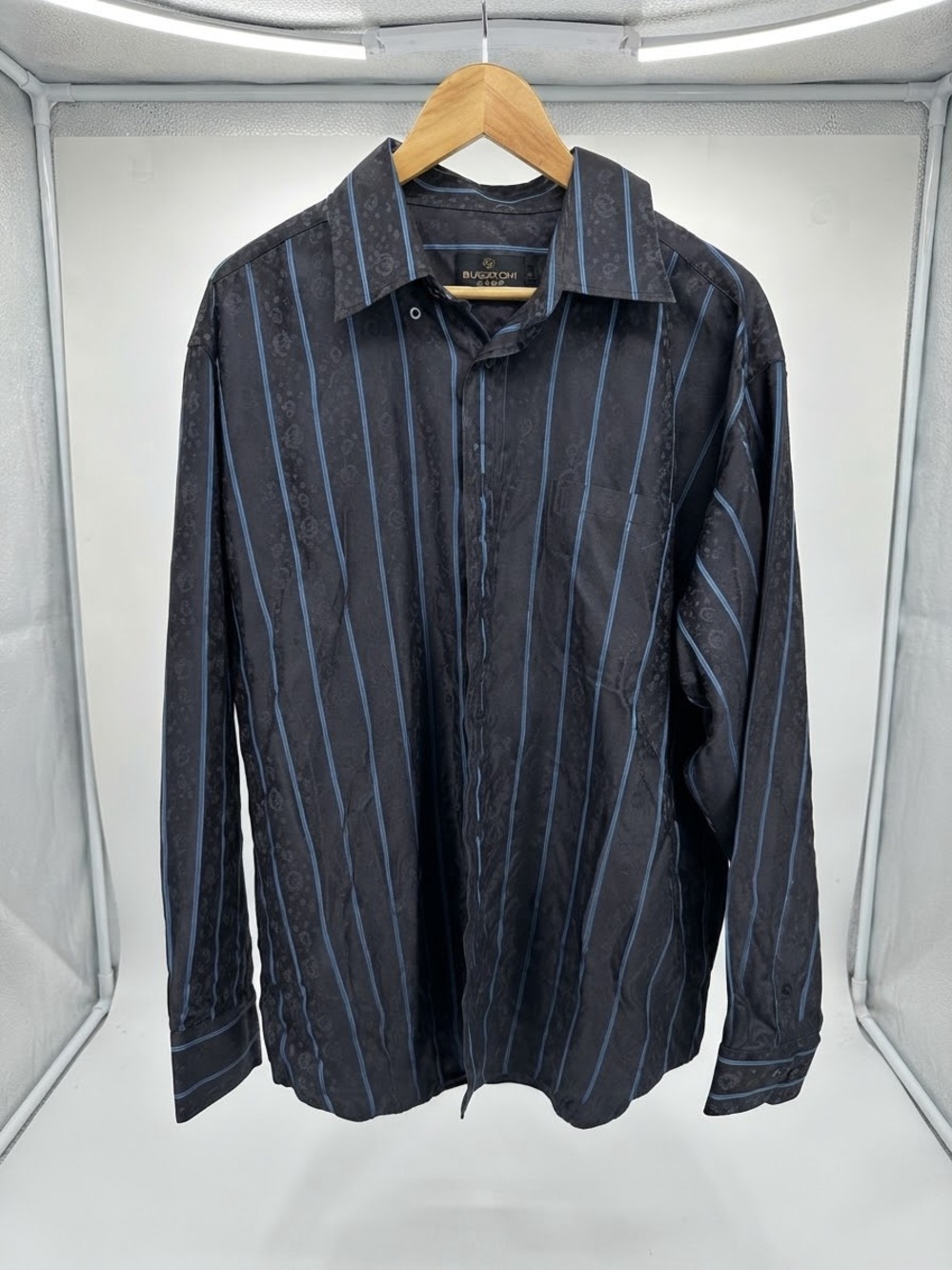Bugatchi Uomo Black & Blue Striped Paisley Jacquard Long Sleeve